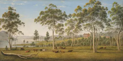 Mr Robinson’s house on the Derwent, Van Diemen’s Land av John Glover