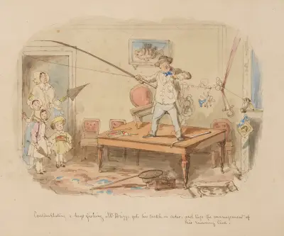 Contemplating a day’s fishing, Mr. Briggs gets his tackle in order, and trys the management of his running line. av John Leech