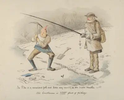 The Pike is a voracious fish and bites readily in the Winter months–Old Gentleman is VERY fond of fishing av John Leech