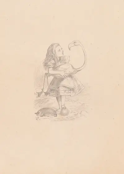 Drawing of Alice trying to play croquet with flamingo and hedgehog av Sir John Tenniel