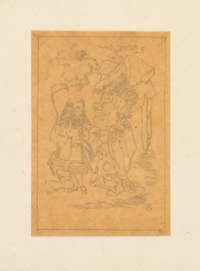 Tracing of Alice (with flamingo) chats with the Duches av Sir John Tenniel