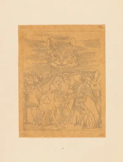 Tracing of the Cheshire Cat in the Sky with Executioner, King and Queen below av Sir John Tenniel