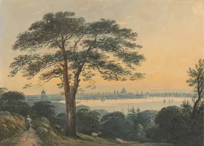 London from the Thames av John Varley