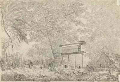 A Toopapapoo of a Chief, with a Priest Making his Offering to the Morai, in Huoheine av John Webber