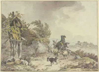On the path next to a dilapidated hut with a thatched roof, a shepherd on horseback and a farmer’s wife with sheep and goats av John Webber
