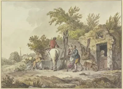 Rider with dog at a watering place, on the right, a man embraces a girl av John Webber
