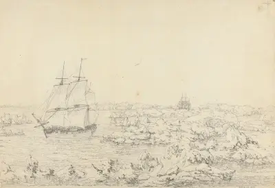 The Resolution Beating through the Ice, with the Discovery in the most eminent Danger in the Distance av John Webber