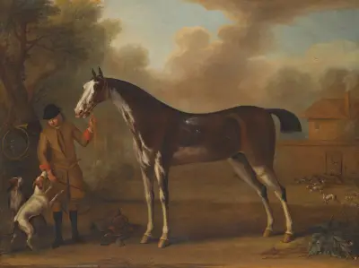 A strawberry roan hunter with a huntsman and two hounds av John Wootton