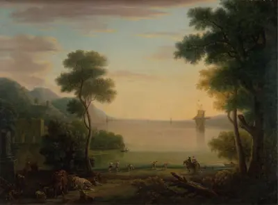 Classical Landscape with Figures and Animals; Sunset av John Wootton