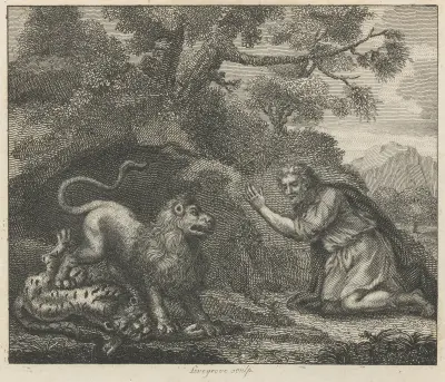 Fable I. The Lion, the Tiger, and the Traveller av John Wootton