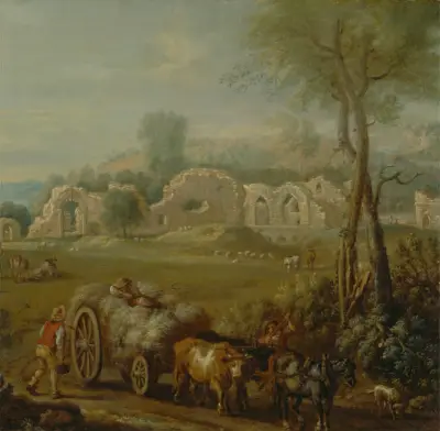Haycart Passing a Ruined Abbey av John Wootton