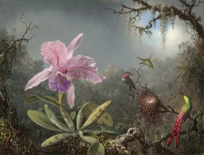 Cattleya-Orchidee und drei Kolibris von Martin Johnson Heade