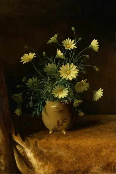Gelbe Gänseblümchen in einer braunen Schale von Martin Johnson Heade