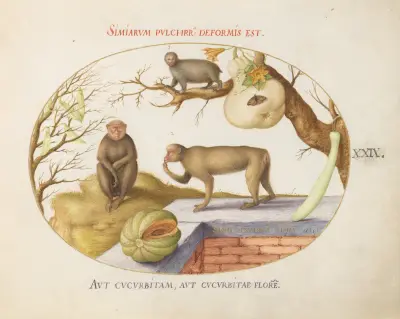 Two Monkeys, an ‘Arctopithecus'(Sloth) and Fruit, Joris Hoefnagel