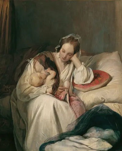 Mutterliebe (Die Gattin des Künstlers mit Kind) von Josef Danhauser