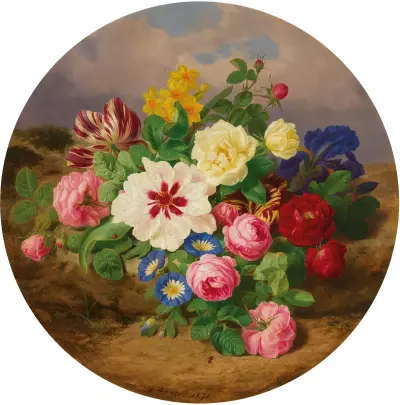 Ein Blumenstrauß aus Rosen, Tulpen und Narzissen auf sandigem Boden von Josef Lauer