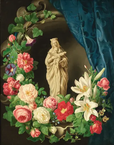 Madona s dítětem ve květinových úponcích z růží, lilií a vikve, Josef Lauer