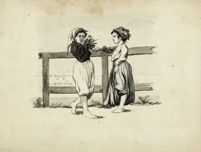 Deux fillettes devant une barrière de bois av Arthur-Joseph Gueniot