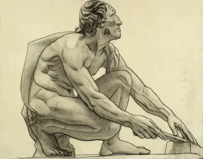 Homme nu accroupi, de profil vers la droite av Arthur-Joseph Gueniot