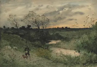 Morgendämmerung – Jäger mit Hund von Henri-Joseph Harpignies