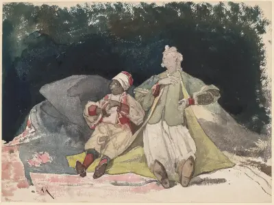 Two Dolls or Puppets Sitting on Cushions av Henri-Joseph Harpignies