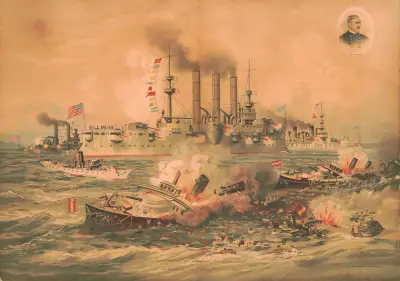 Destruction of Admiral Cervera’s fleet, at Stantigo de Cuda, July 3rd 1898 av Joseph Hoover