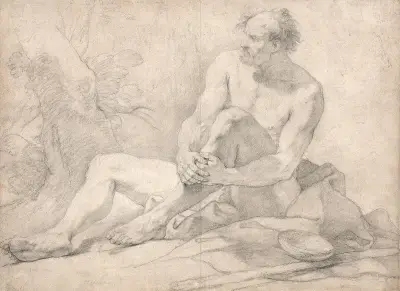 Akademie eines sitzenden männlichen Aktes in einer Landschaft von Charles-Joseph Natoire