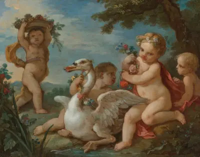 Putten schmücken einen Schwan mit einem Blumenkranz, 1760 von Charles-Joseph Natoire