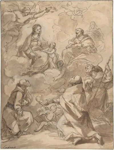 Die Heilige Familie erscheint dem heiligen Franziskus, dem heiligen Augustinus und dem heiligen Rochus von Charles-Joseph Natoire