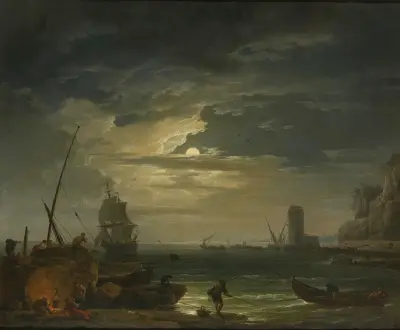 A Mediterranean Inlet By Moonlight av Claude-Joseph Vernet
