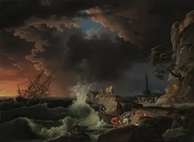 A shipwreck with figures coming ashore av Claude-Joseph Vernet