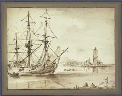 Marine, links ein Dreimaster, rechts ein Leuchtturm av Claude-Joseph Vernet