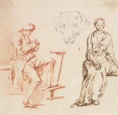 Sheet of Studies: Seated Man, Head  of a Dog, Seated Woman av Claude-Joseph Vernet