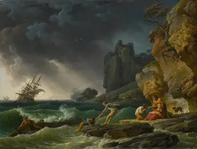 Stormy seas with castaways av Claude-Joseph Vernet