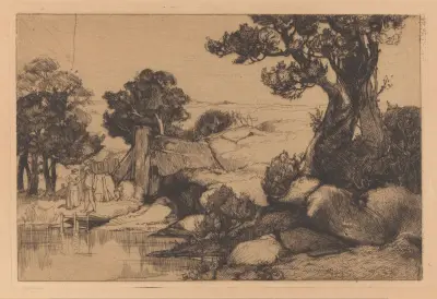 Krajina s mužem a ženou na břehu řeky, Johannes Josephus Aarts