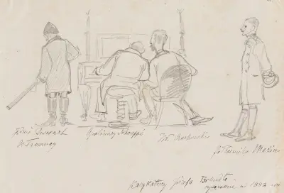 Caricatures of guests in Orońsko; Józef Deskur, Alfred Schouppé, Władysław Czachórski and colonel Mazin, Jozef Brandt