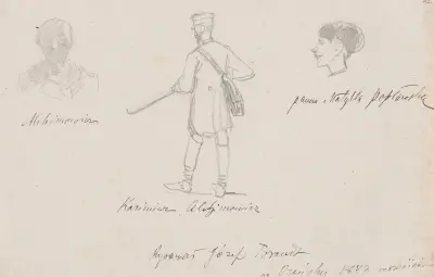 Caricatures of guests in Orońsko; Kazimierz Alchimowicz twice and Matylda Popławska, Jozef Brandt