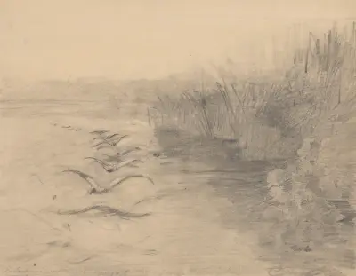 Ptaki nad jeziorem, szkic do obrazu „Jezioro o zmierzchu” z 1890 r., Jozef Chelmonski