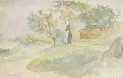 Staande vrouw in een landschap av Jozef Israëls