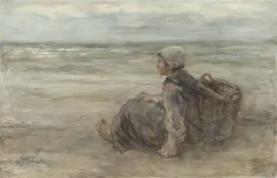 Vissersmeisje op het strand av Jozef Israëls