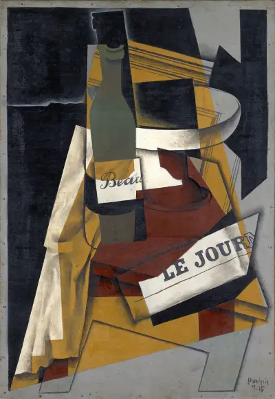 Bottle and Fruit Dish (Bottle, newspaper and fruit bowl) av Juan Gris