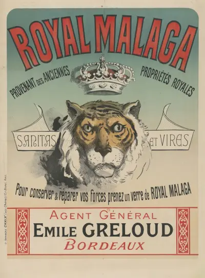 Royal Malaga. sanitas et vires. pour conserver & réparer vos forces, prenez un verre de Royal Malaga, Jules Chéret