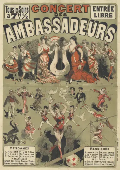 Tous les soirs. Concert des Ambassadeurs. Mesdames Rivière, Faure, Dufresny, Messieurs Arnaud, Bruet, Libert av Jules Chéret