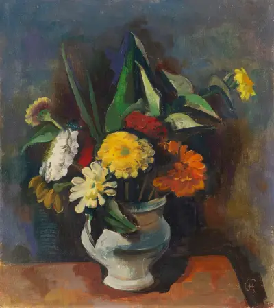 Blumenstrauß in grauer Vase (Zinnie) von Karl Hofer