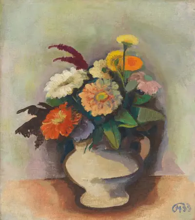 Zinnienstrauß in einer Vase von Karl Hofer