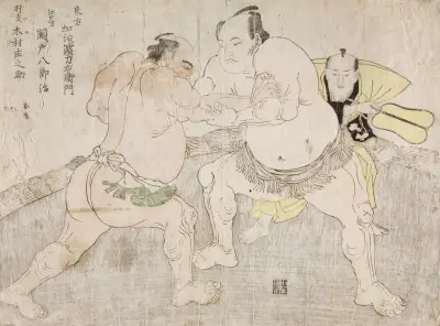 Wrestlers Kajigahama Rikiemon of the Eastern Group and Sekinoto Hachirōji of the Edo tea, with the Umpire Kimura Shōnosuke av Katsukawa Shunshō