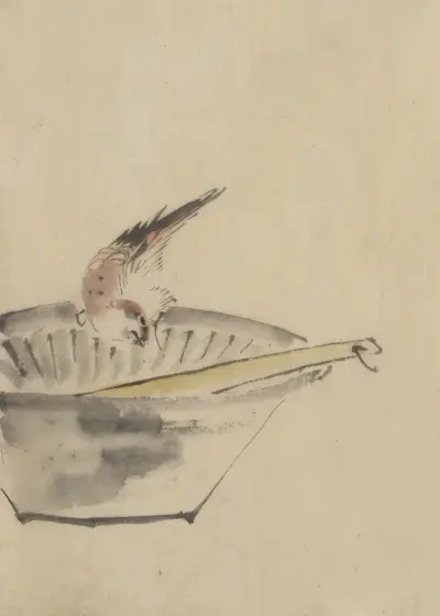 A bird perched on the edge of a bowl, with head cocked, looking at a utensil in the bowl av Katsushika Hokusai