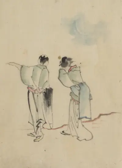 A man and a woman, seen from behind, are looking to where the man is pointing with his left arm av Katsushika Hokusai
