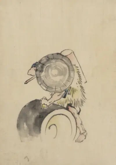 A man, wearing a large conical hat and a straw or feather garment, 1830 – nr 1 av Katsushika Hokusai