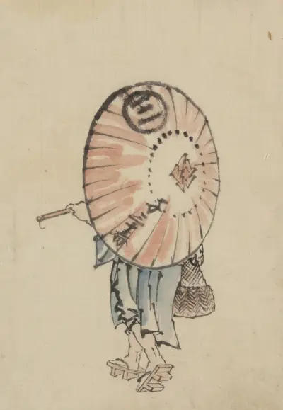 A person walking to the left, mostly obscured by an open parasol carried over the shoulder av Katsushika Hokusai